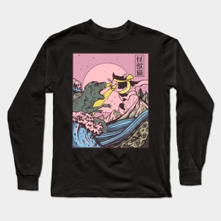 Kaiju Monster Japanese Wave Art Cat And Dinosaur Long Sleeve T-Shirt